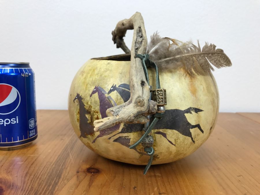 Signed Hand Painted Gourd Art Basket Man Riding Horse With Horses 11'W X 7'H [Photo 8]