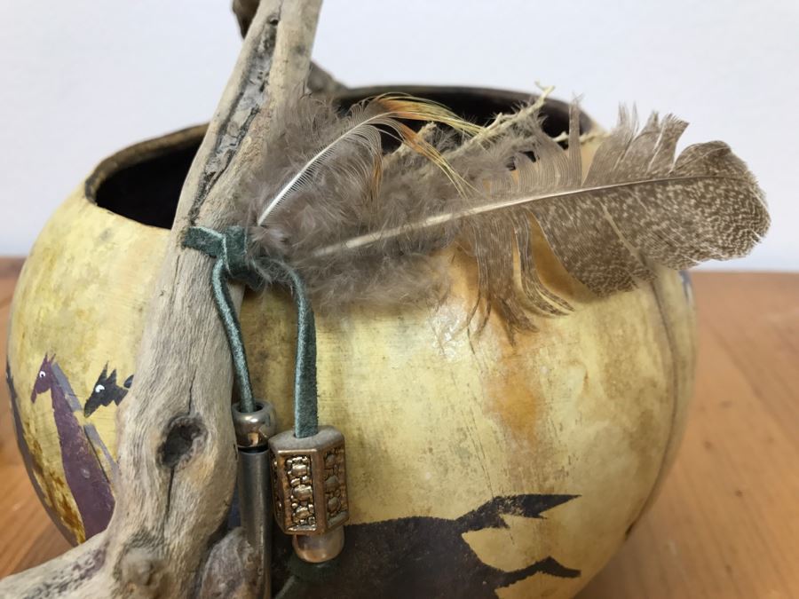 Signed Hand Painted Gourd Art Basket Man Riding Horse With Horses 11'W X 7'H [Photo 11]