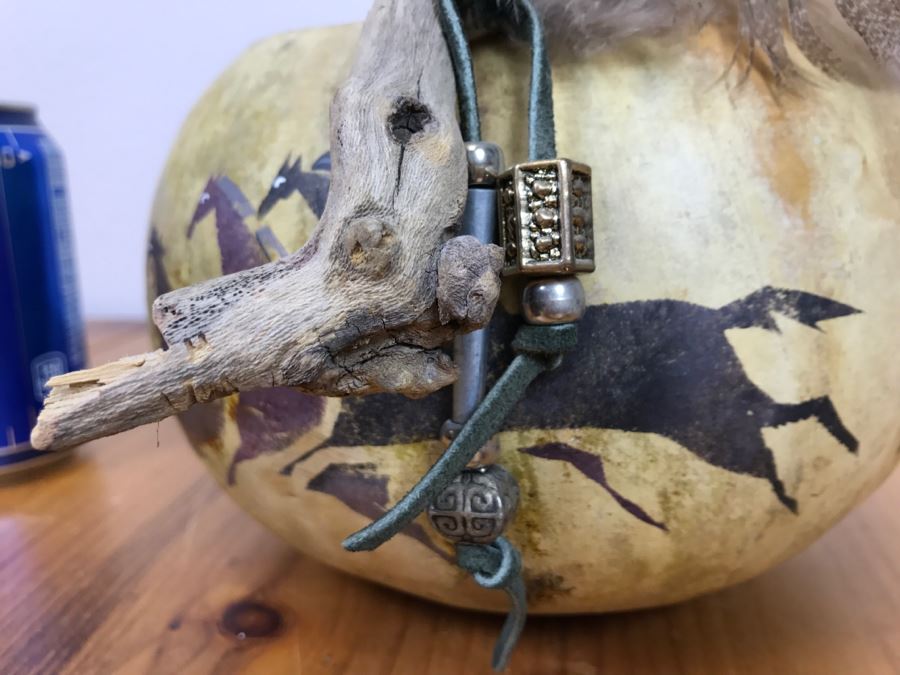 Signed Hand Painted Gourd Art Basket Man Riding Horse With Horses 11'W X 7'H [Photo 10]