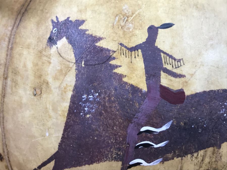 Signed Hand Painted Gourd Art Basket Man Riding Horse With Horses 11'W X 7'H [Photo 23]