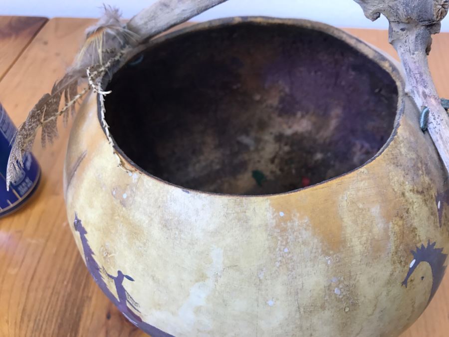 Signed Hand Painted Gourd Art Basket Man Riding Horse With Horses 11'W X 7'H [Photo 21]