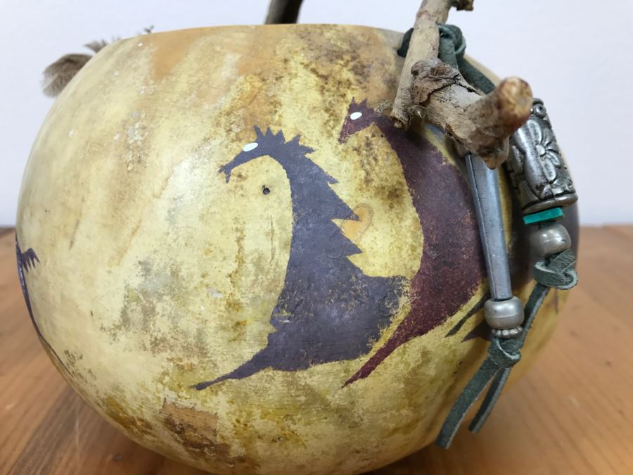 Signed Hand Painted Gourd Art Basket Man Riding Horse With Horses 11'W X 7'H [Photo 19]