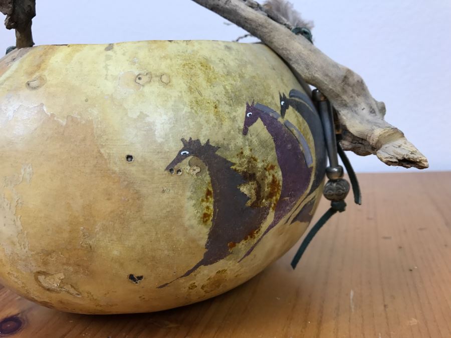 Signed Hand Painted Gourd Art Basket Man Riding Horse With Horses 11'W X 7'H [Photo 14]