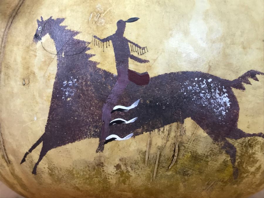 Signed Hand Painted Gourd Art Basket Man Riding Horse With Horses 11'W X 7'H [Photo 6]