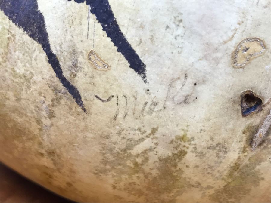 Signed Hand Painted Gourd Art Basket Man Riding Horse With Horses 11'W X 7'H [Photo 12]