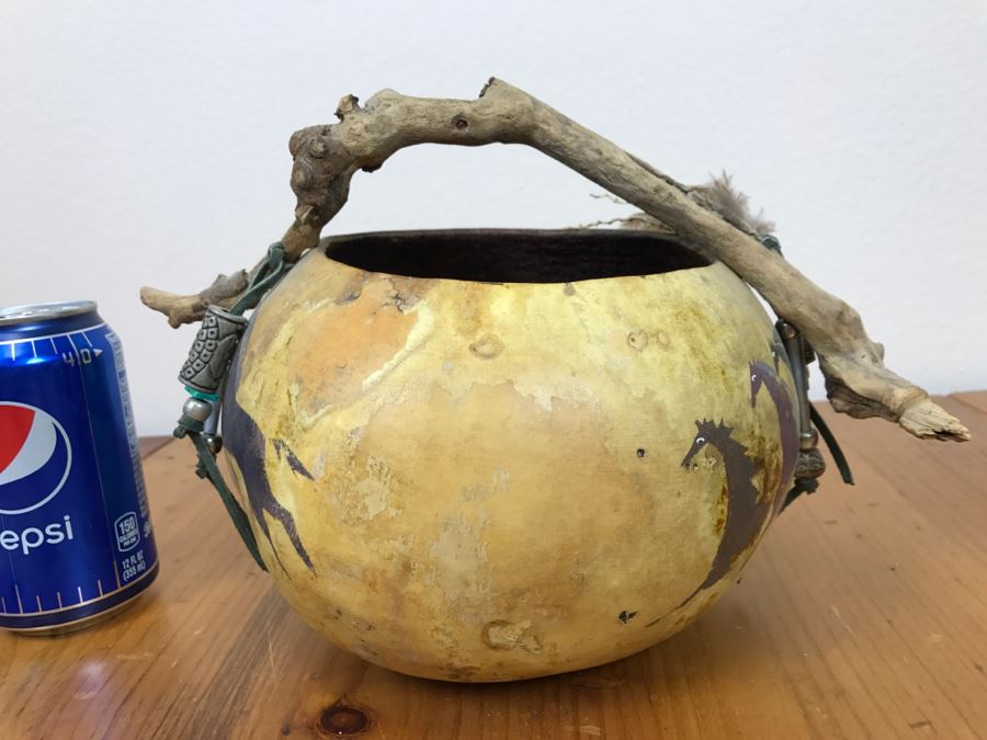 Signed Hand Painted Gourd Art Basket Man Riding Horse With Horses 11'W X 7'H [Photo 13]