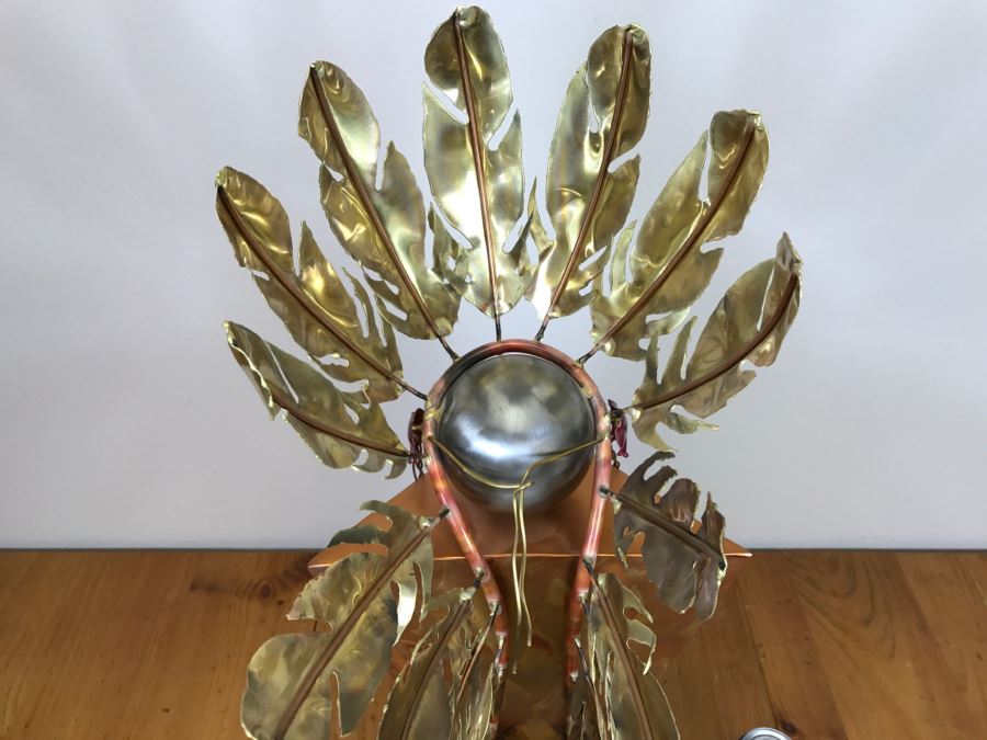 Large Brushed Metal Copper Indian Chief Sculpture Stamped G7 15/100 On Base 12'W X 29.5'H X 14'D [Photo 28]