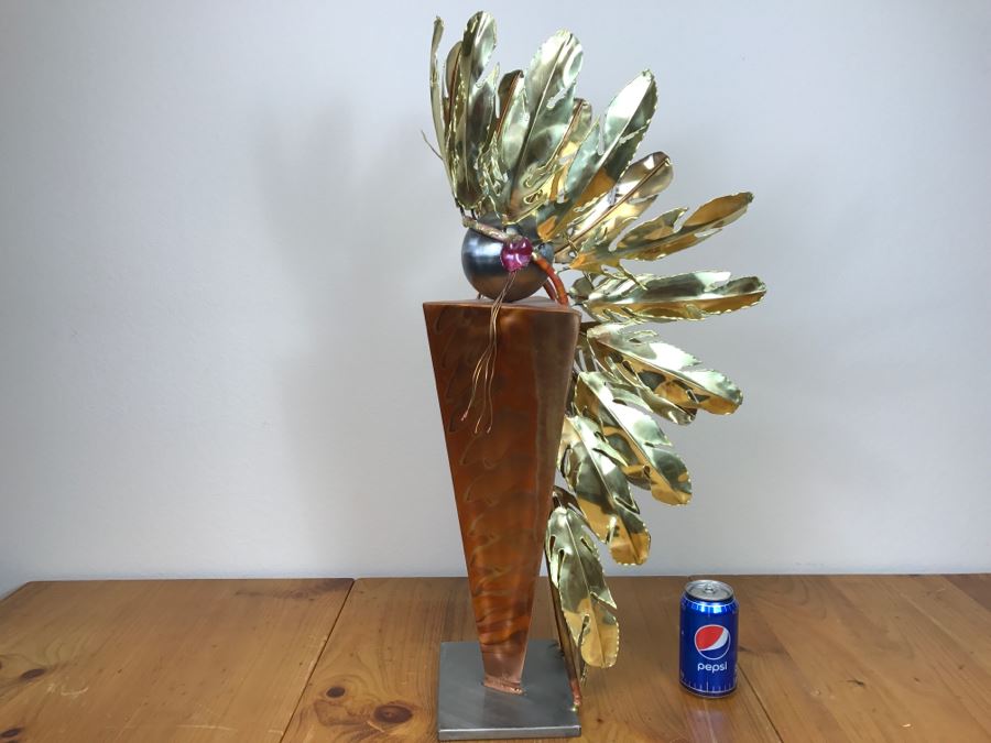 Large Brushed Metal Copper Indian Chief Sculpture Stamped G7 15/100 On Base 12'W X 29.5'H X 14'D [Photo 33]