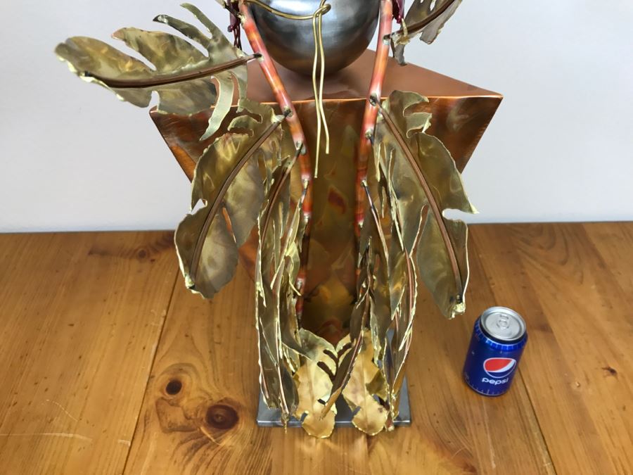 Large Brushed Metal Copper Indian Chief Sculpture Stamped G7 15/100 On Base 12'W X 29.5'H X 14'D [Photo 29]