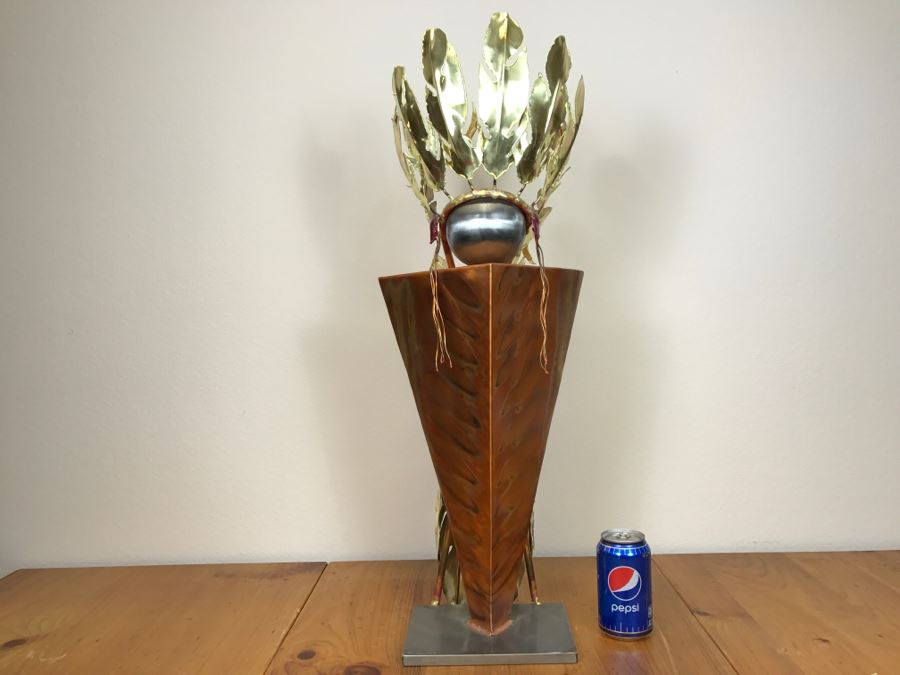 Large Brushed Metal Copper Indian Chief Sculpture Stamped G7 15/100 On Base 12'W X 29.5'H X 14'D [Photo 3]