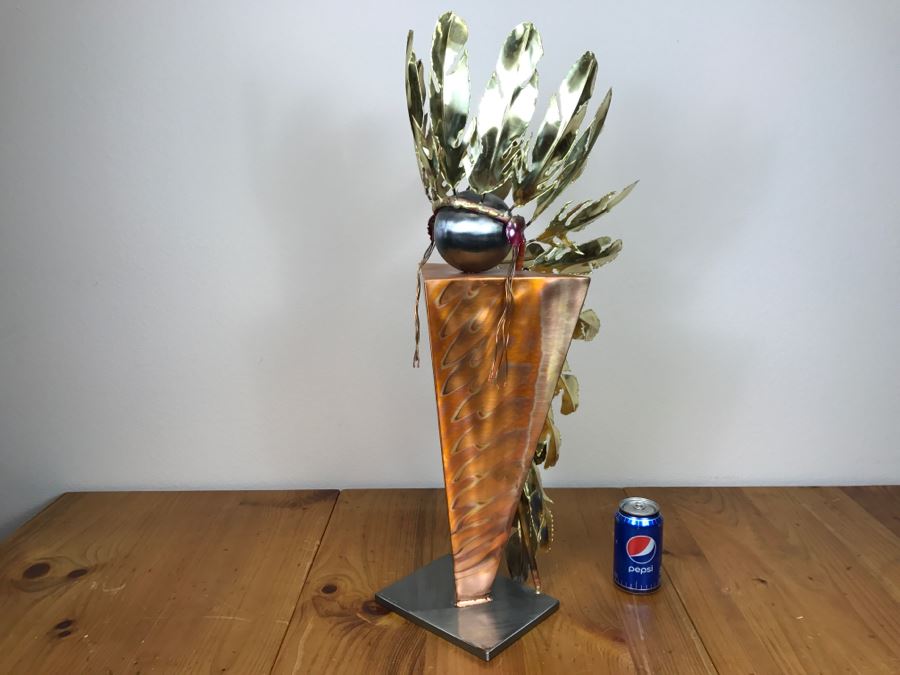 Large Brushed Metal Copper Indian Chief Sculpture Stamped G7 15/100 On Base 12'W X 29.5'H X 14'D [Photo 43]