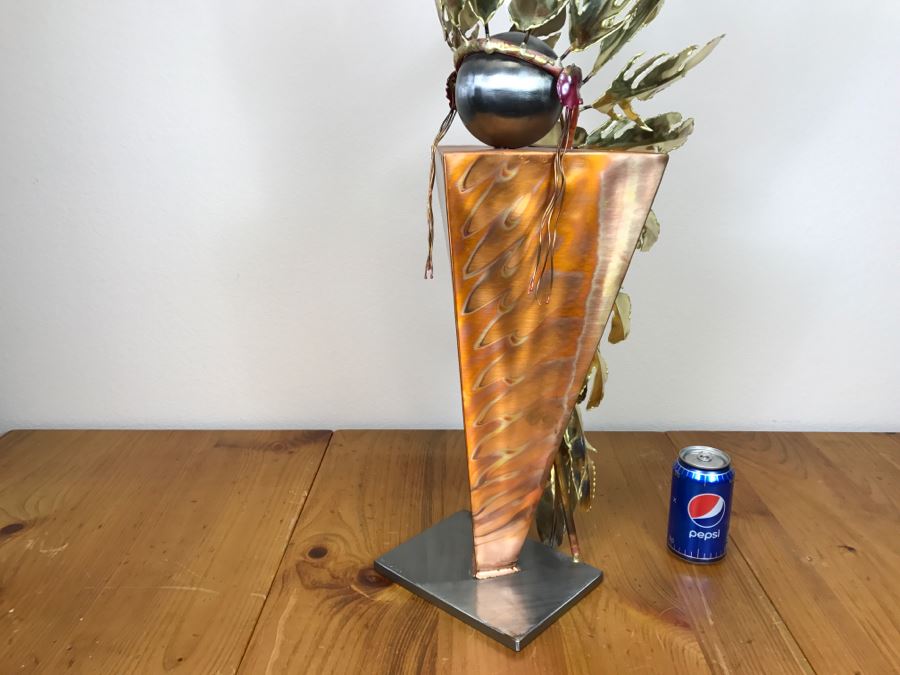 Large Brushed Metal Copper Indian Chief Sculpture Stamped G7 15/100 On Base 12'W X 29.5'H X 14'D [Photo 42]