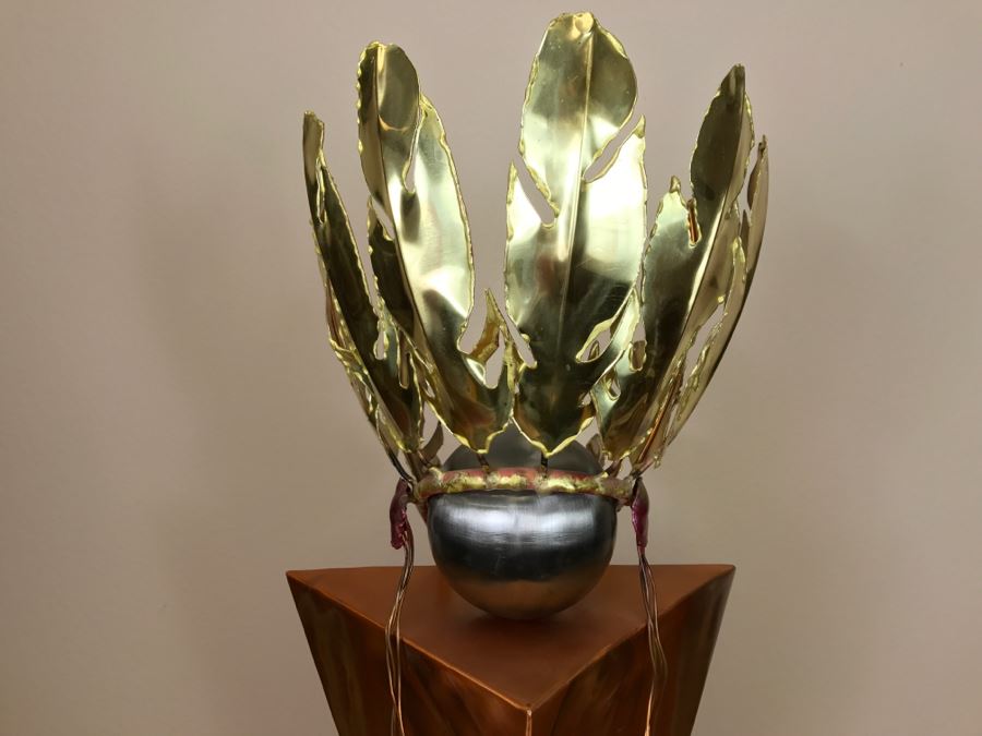 Large Brushed Metal Copper Indian Chief Sculpture Stamped G7 15/100 On Base 12'W X 29.5'H X 14'D [Photo 20]