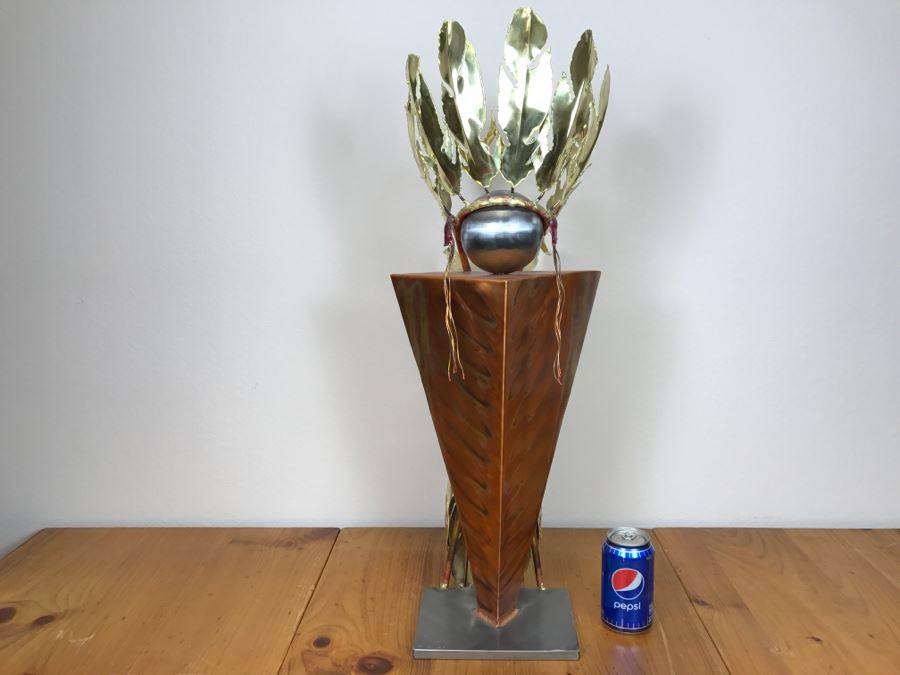 Large Brushed Metal Copper Indian Chief Sculpture Stamped G7 15/100 On Base 12'W X 29.5'H X 14'D [Photo 2]