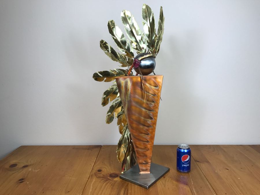 Large Brushed Metal Copper Indian Chief Sculpture Stamped G7 15/100 On Base 12'W X 29.5'H X 14'D [Photo 44]