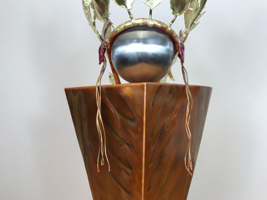 Large Brushed Metal Copper Indian Chief Sculpture Stamped G7 15/100 On Base 12'W X 29.5'H X 14'D [Photo 18]