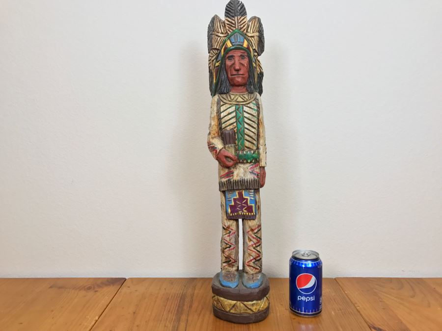 Frank Gallagher Cigar Store Indian Chief Carved Wooden Indian Statue Signed Gallagher 24.5'H X 5'W [Photo 1]