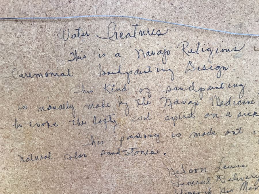 Sandpainting Titled 'Water Creatures' By Nelson Lewis With Story On Back 24'W X 24'H [Photo 17]