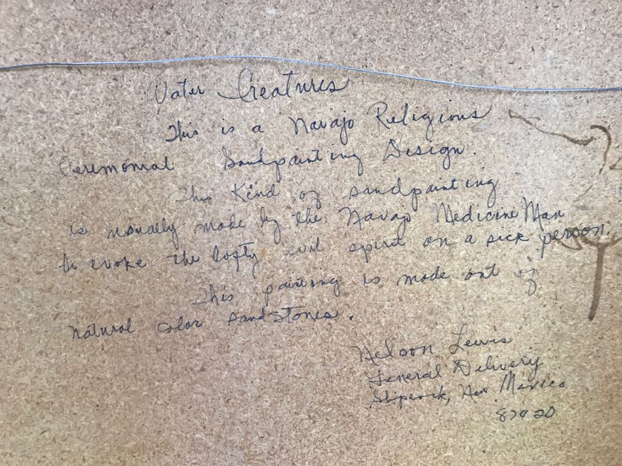 Sandpainting Titled 'Water Creatures' By Nelson Lewis With Story On Back 24'W X 24'H [Photo 16]