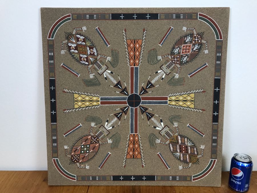 Sandpainting Titled 'Water Creatures' By Nelson Lewis With Story On Back 24'W X 24'H [Photo 20]