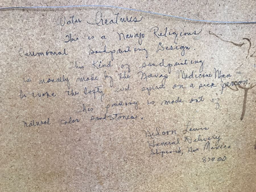 Sandpainting Titled 'Water Creatures' By Nelson Lewis With Story On Back 24'W X 24'H [Photo 18]