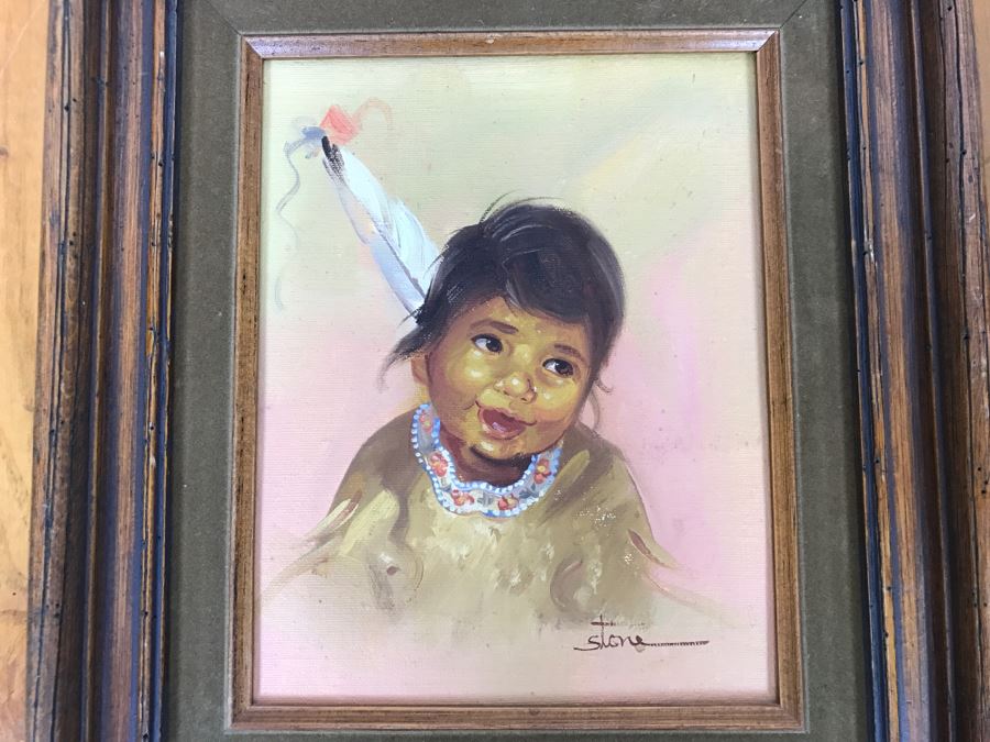 Original Oil Painting Of Native American Girl Signed Stone 13'W X 15'H [Photo 3]
