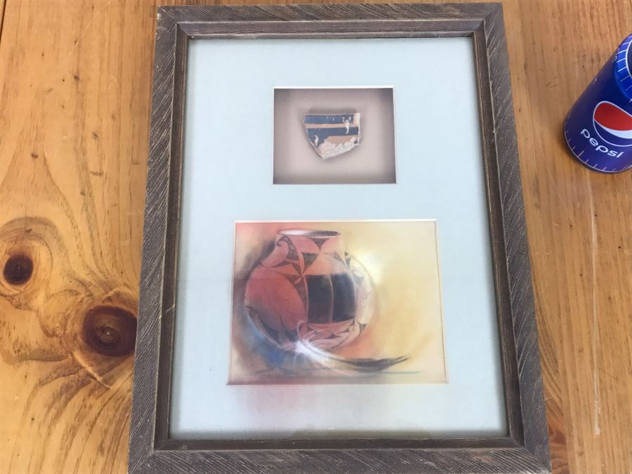 Original Painting Of Native American Pottery In Shadow Box Frame Featuring Actual Pottery Shard Piece Hand Signed By Artist Signature Illegible 10.5'W X 13.5'H [Photo 2]