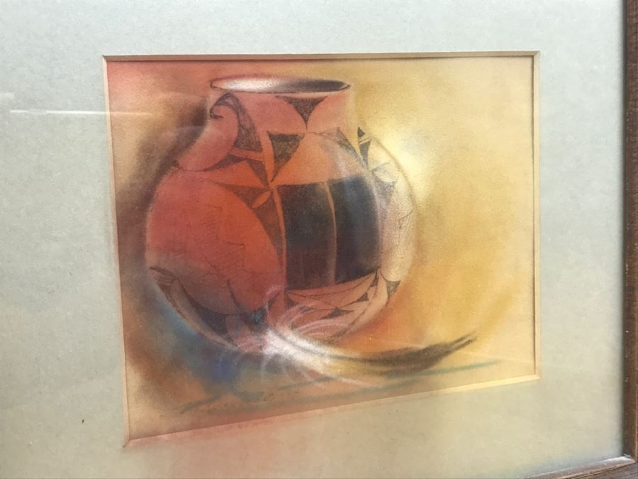 Original Painting Of Native American Pottery In Shadow Box Frame Featuring Actual Pottery Shard Piece Hand Signed By Artist Signature Illegible 10.5'W X 13.5'H [Photo 17]
