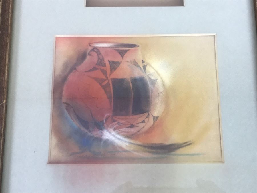 Original Painting Of Native American Pottery In Shadow Box Frame Featuring Actual Pottery Shard Piece Hand Signed By Artist Signature Illegible 10.5'W X 13.5'H [Photo 3]