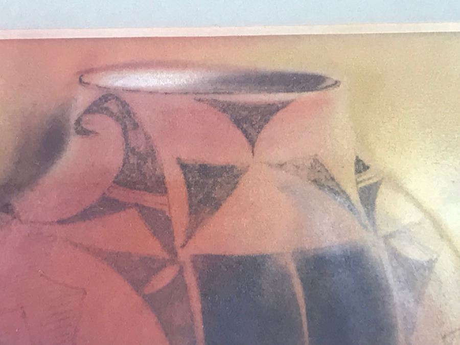 Original Painting Of Native American Pottery In Shadow Box Frame Featuring Actual Pottery Shard Piece Hand Signed By Artist Signature Illegible 10.5'W X 13.5'H [Photo 7]