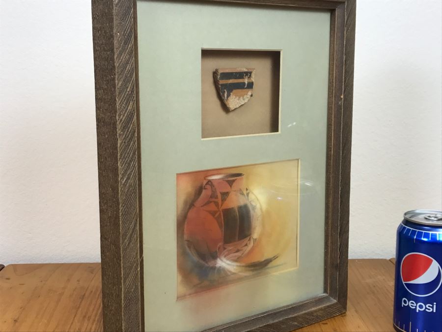 Original Painting Of Native American Pottery In Shadow Box Frame Featuring Actual Pottery Shard Piece Hand Signed By Artist Signature Illegible 10.5'W X 13.5'H [Photo 1]