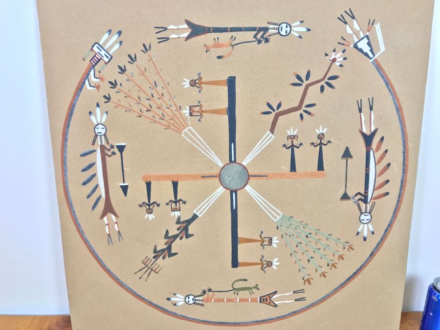 Signed Navajo Sand Painting Titled 'Whirling Logs' With Hand Written Story On Back Hand Signed 24'W X 24'H [Photo 1]