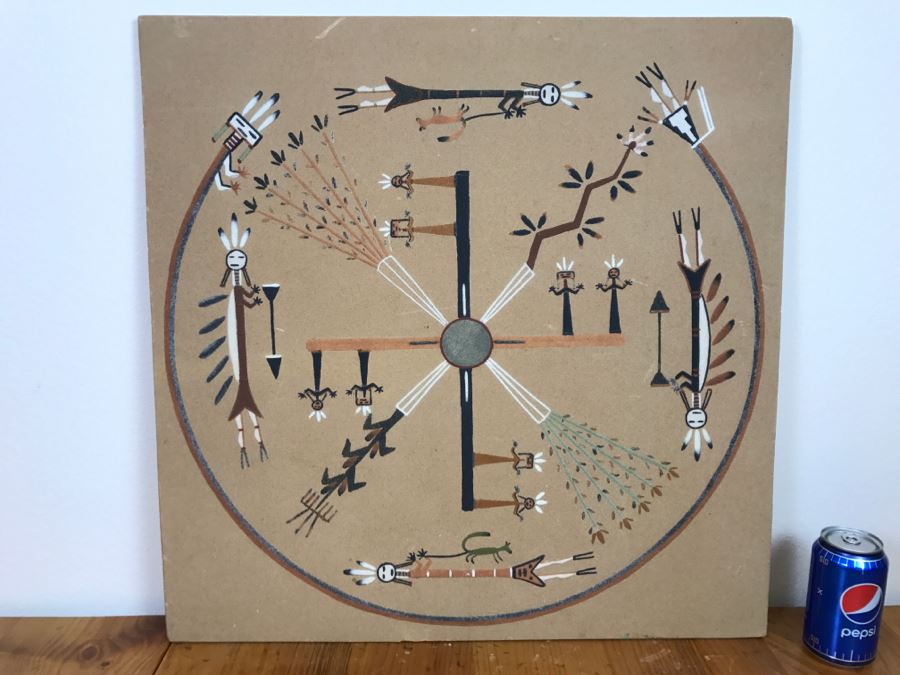 Signed Navajo Sand Painting Titled 'Whirling Logs' With Hand Written Story On Back Hand Signed 24'W X 24'H [Photo 3]