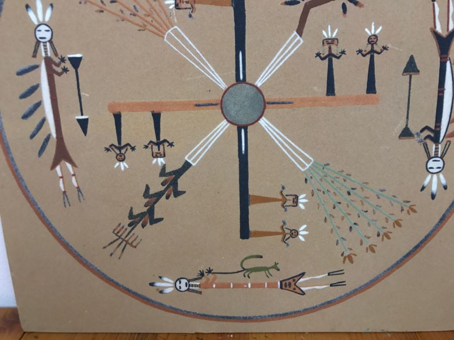 Signed Navajo Sand Painting Titled 'Whirling Logs' With Hand Written Story On Back Hand Signed 24'W X 24'H [Photo 5]