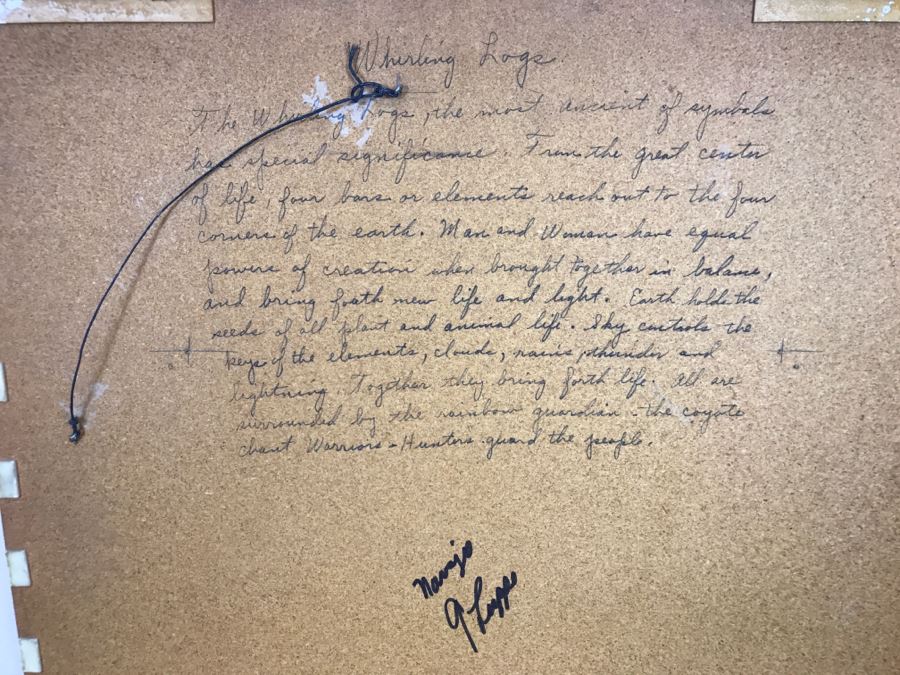 Signed Navajo Sand Painting Titled 'Whirling Logs' With Hand Written Story On Back Hand Signed 24'W X 24'H [Photo 23]