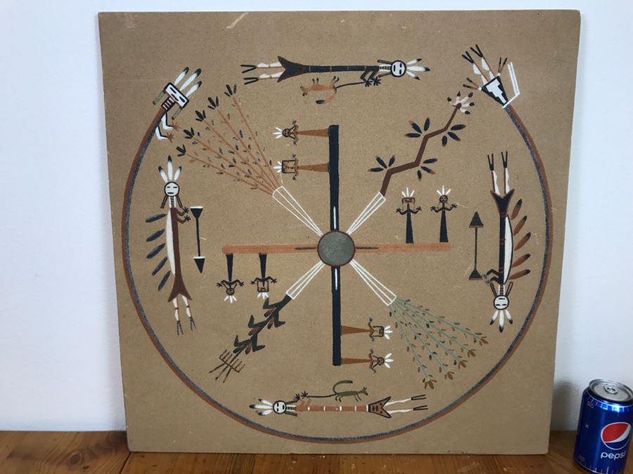 Signed Navajo Sand Painting Titled 'Whirling Logs' With Hand Written Story On Back Hand Signed 24'W X 24'H [Photo 2]