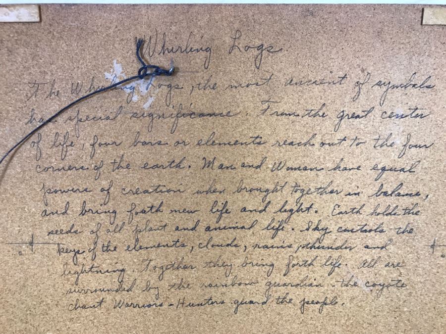 Signed Navajo Sand Painting Titled 'Whirling Logs' With Hand Written Story On Back Hand Signed 24'W X 24'H [Photo 24]