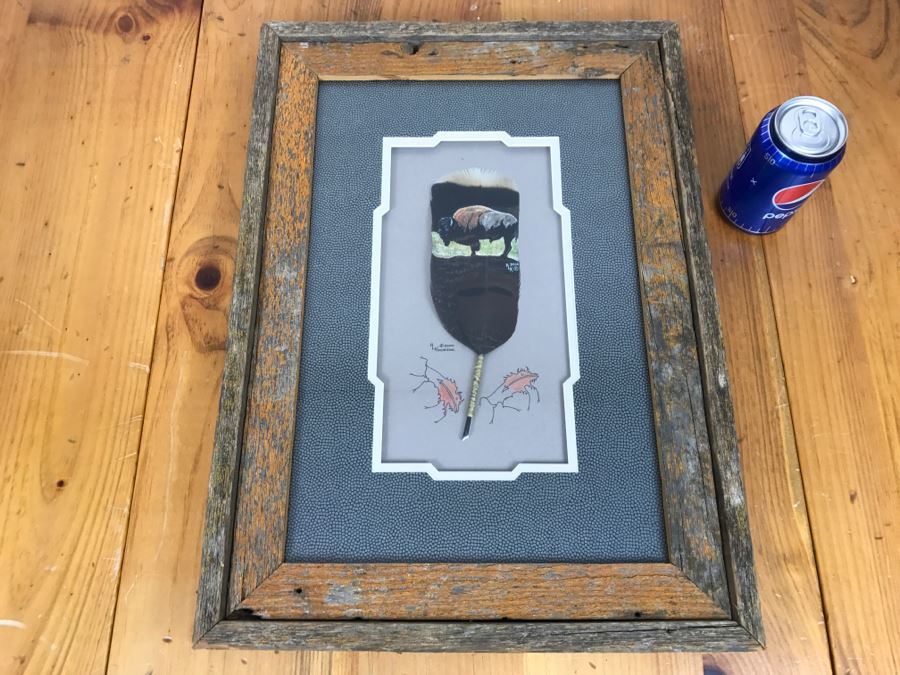 Andrew Knudson Hand Painted Feather Of Buffalo In Nice Shadow Box Frame Vintage 2000 15.5'W X 21.5'H [Photo 3]