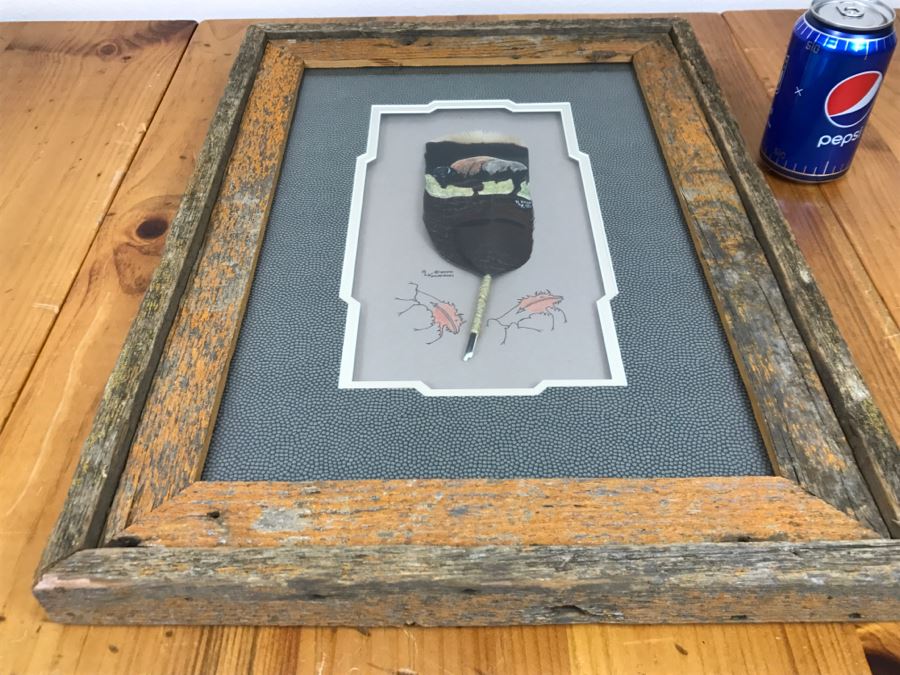Andrew Knudson Hand Painted Feather Of Buffalo In Nice Shadow Box Frame Vintage 2000 15.5'W X 21.5'H [Photo 4]