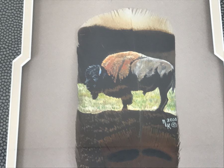 Andrew Knudson Hand Painted Feather Of Buffalo In Nice Shadow Box Frame Vintage 2000 15.5'W X 21.5'H [Photo 7]