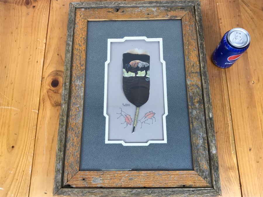 Andrew Knudson Hand Painted Feather Of Buffalo In Nice Shadow Box Frame Vintage 2000 15.5'W X 21.5'H [Photo 1]