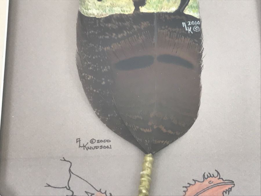 Andrew Knudson Hand Painted Feather Of Buffalo In Nice Shadow Box Frame Vintage 2000 15.5'W X 21.5'H [Photo 8]