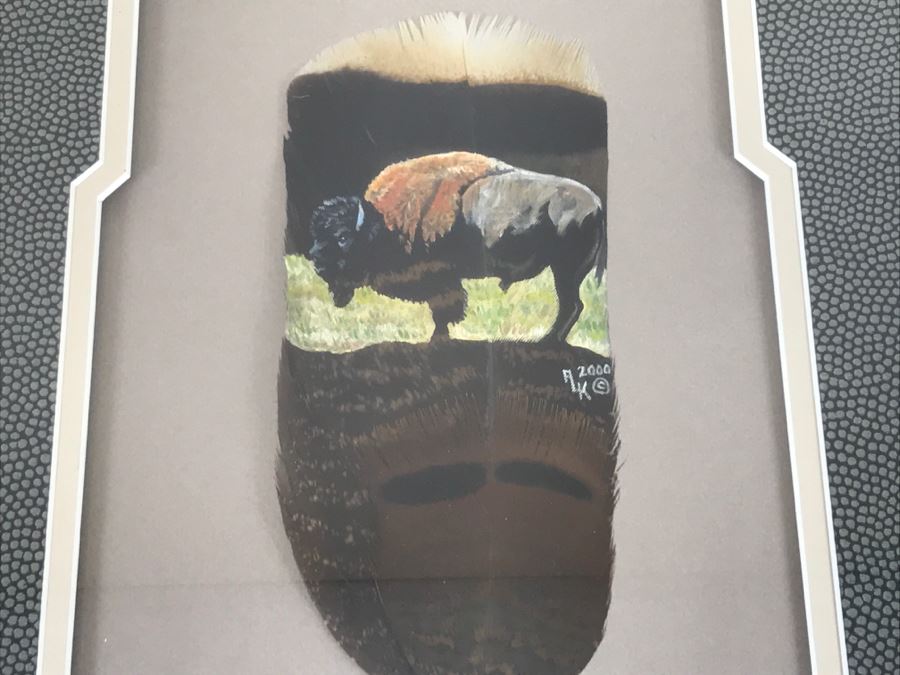 Andrew Knudson Hand Painted Feather Of Buffalo In Nice Shadow Box Frame Vintage 2000 15.5'W X 21.5'H [Photo 12]