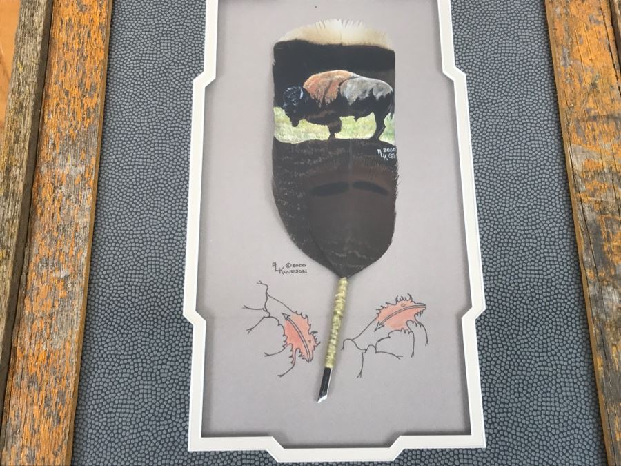 Andrew Knudson Hand Painted Feather Of Buffalo In Nice Shadow Box Frame Vintage 2000 15.5'W X 21.5'H [Photo 2]