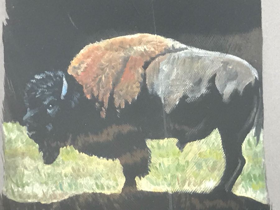 Andrew Knudson Hand Painted Feather Of Buffalo In Nice Shadow Box Frame Vintage 2000 15.5'W X 21.5'H [Photo 10]