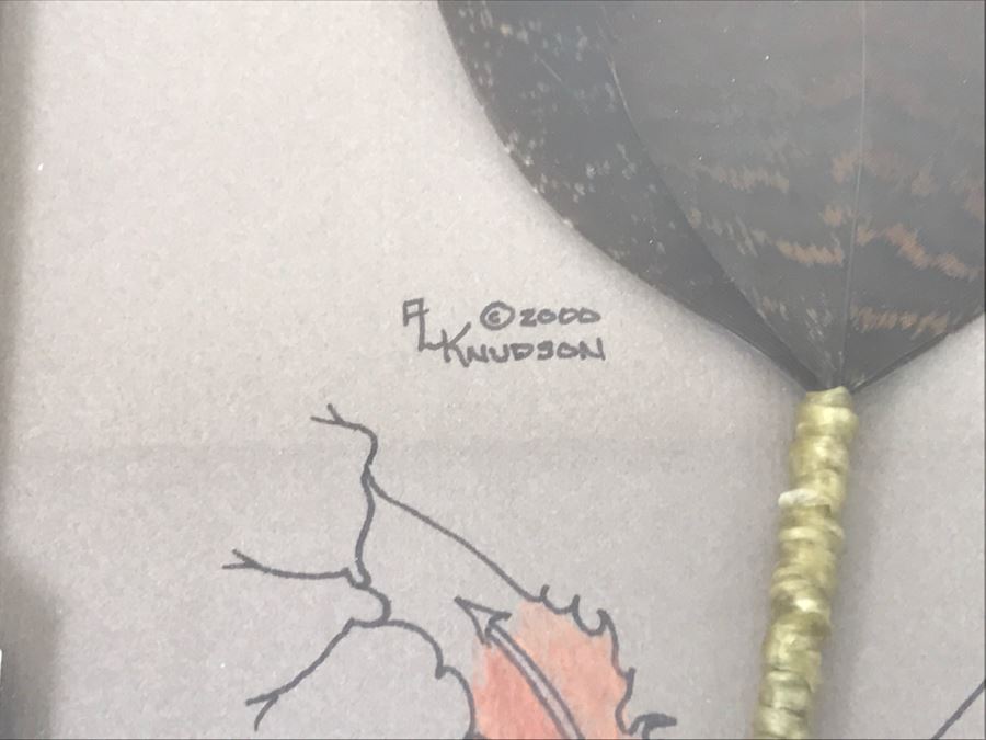 Andrew Knudson Hand Painted Feather Of Buffalo In Nice Shadow Box Frame Vintage 2000 15.5'W X 21.5'H [Photo 6]