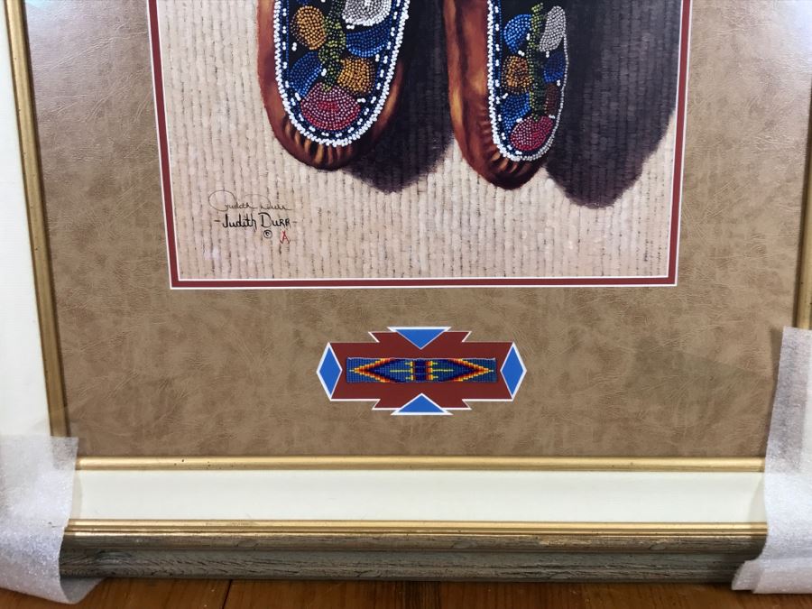 Hand Signed Judith Durr Choctaw Artist Print Showing Native American Beaded Moccasins In Nicely Matted Frame Featuring Actual Bead Pattern 33'W X 40'H [Photo 6]