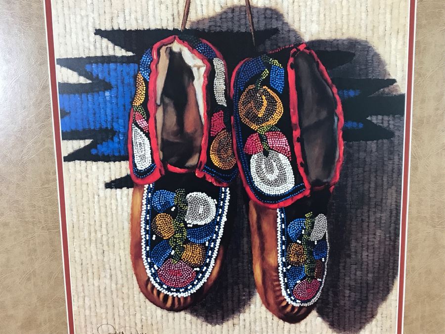 Hand Signed Judith Durr Choctaw Artist Print Showing Native American Beaded Moccasins In Nicely Matted Frame Featuring Actual Bead Pattern 33'W X 40'H [Photo 15]