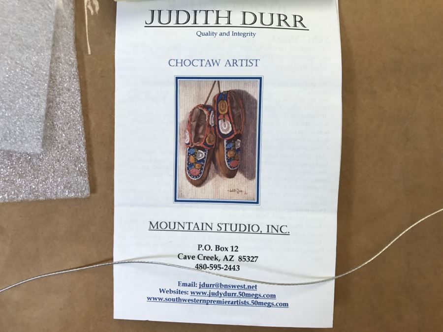 Hand Signed Judith Durr Choctaw Artist Print Showing Native American Beaded Moccasins In Nicely Matted Frame Featuring Actual Bead Pattern 33'W X 40'H [Photo 2]