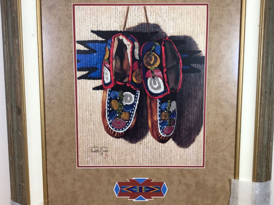 Hand Signed Judith Durr Choctaw Artist Print Showing Native American Beaded Moccasins In Nicely Matted Frame Featuring Actual Bead Pattern 33'W X 40'H [Photo 4]